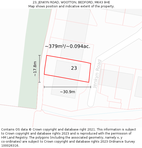23, JENKYN ROAD, WOOTTON, BEDFORD, MK43 9HE: Plot and title map