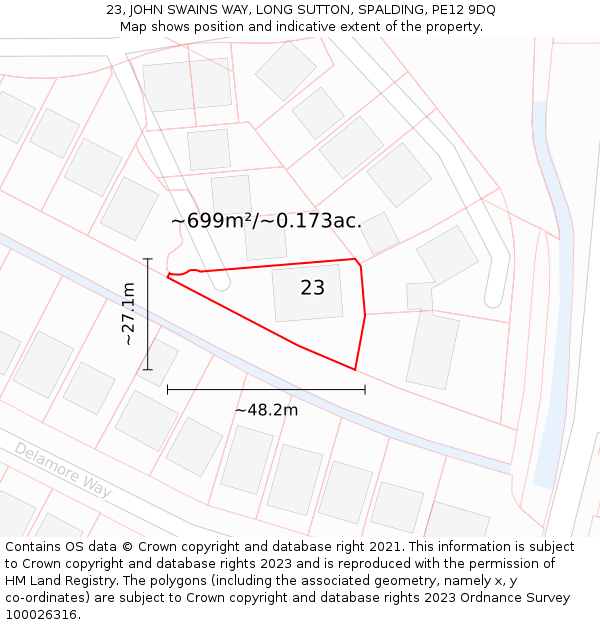 23, JOHN SWAINS WAY, LONG SUTTON, SPALDING, PE12 9DQ: Plot and title map
