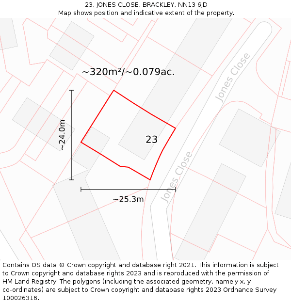 23, JONES CLOSE, BRACKLEY, NN13 6JD: Plot and title map