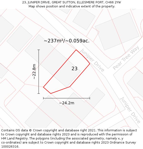 23, JUNIPER DRIVE, GREAT SUTTON, ELLESMERE PORT, CH66 2YW: Plot and title map