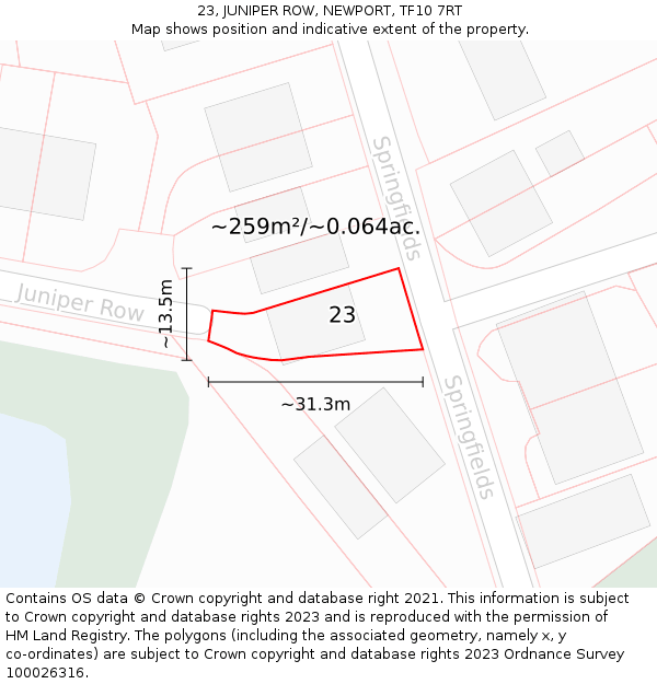 23, JUNIPER ROW, NEWPORT, TF10 7RT: Plot and title map