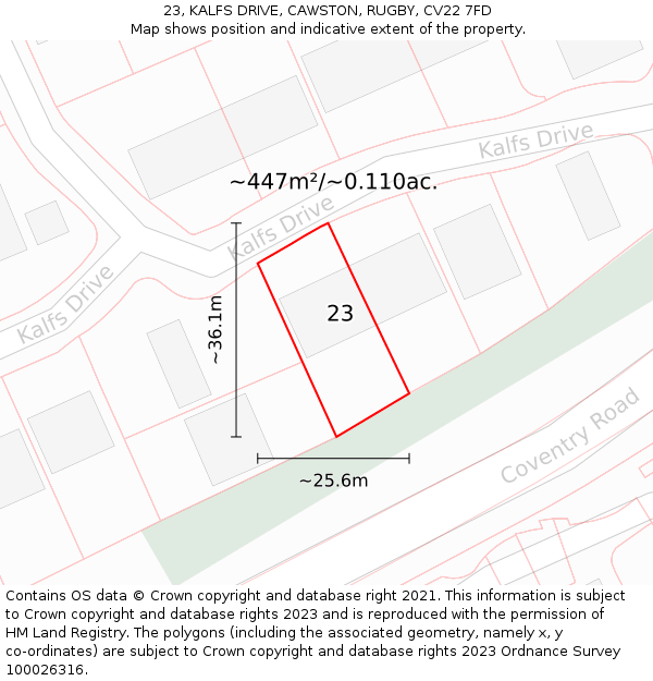 23, KALFS DRIVE, CAWSTON, RUGBY, CV22 7FD: Plot and title map