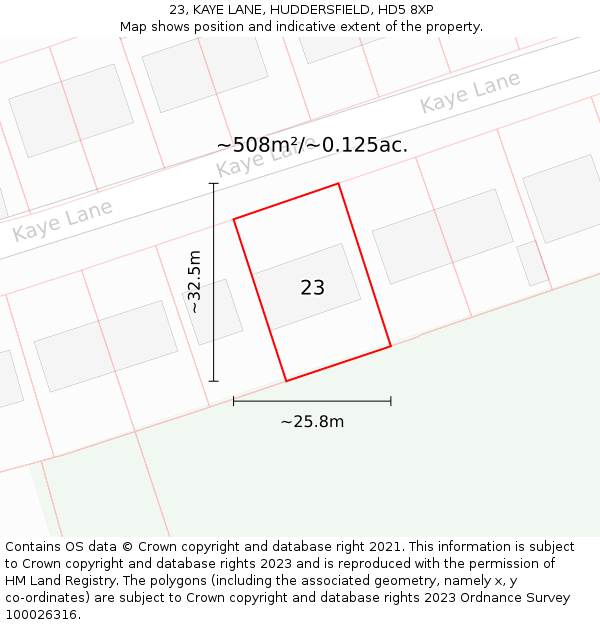 23, KAYE LANE, HUDDERSFIELD, HD5 8XP: Plot and title map