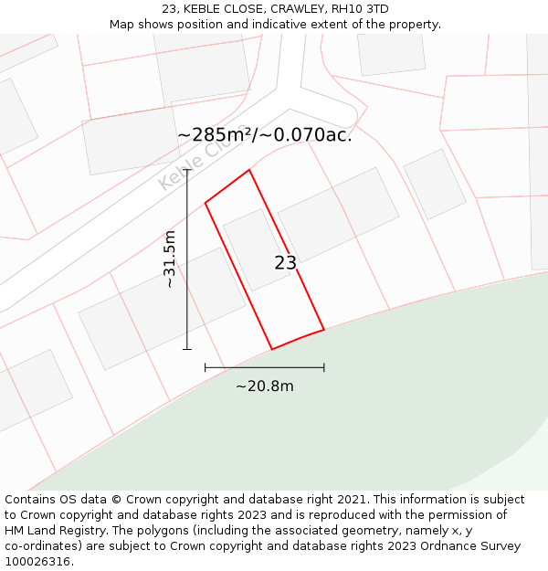 23, KEBLE CLOSE, CRAWLEY, RH10 3TD: Plot and title map
