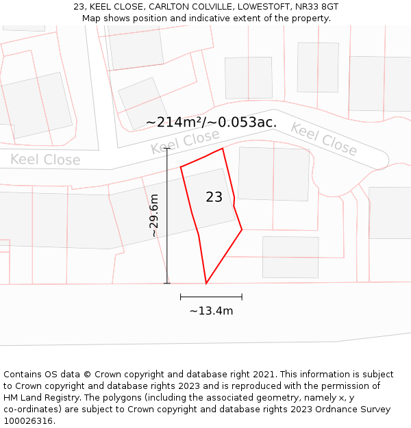 23, KEEL CLOSE, CARLTON COLVILLE, LOWESTOFT, NR33 8GT: Plot and title map