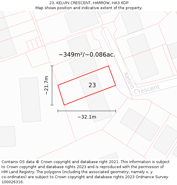 23, KELVIN CRESCENT, HARROW, HA3 6DP: Plot and title map