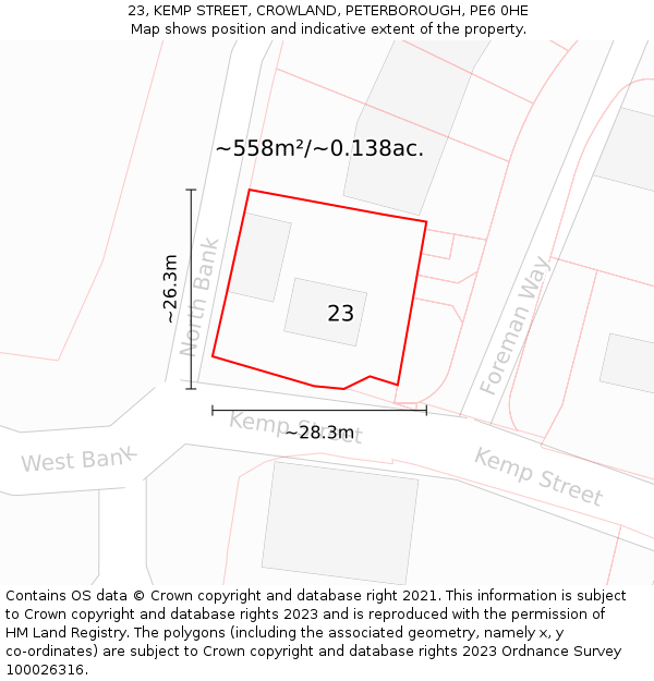 23, KEMP STREET, CROWLAND, PETERBOROUGH, PE6 0HE: Plot and title map