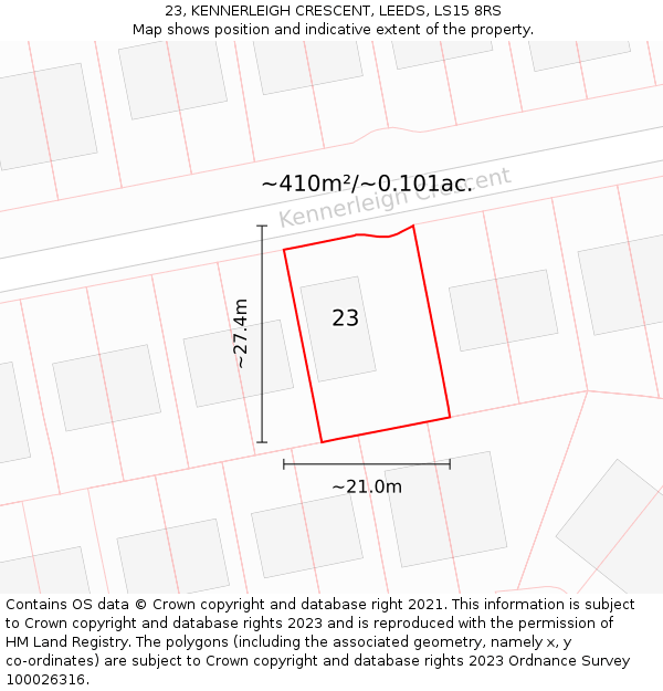 23, KENNERLEIGH CRESCENT, LEEDS, LS15 8RS: Plot and title map