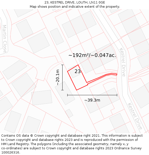 23, KESTREL DRIVE, LOUTH, LN11 0GE: Plot and title map