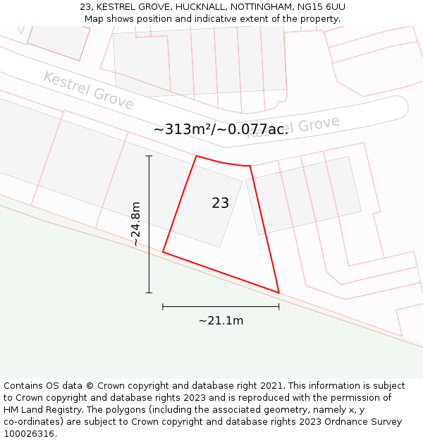 23, KESTREL GROVE, HUCKNALL, NOTTINGHAM, NG15 6UU: Plot and title map