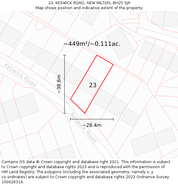 23, KESWICK ROAD, NEW MILTON, BH25 5JA: Plot and title map