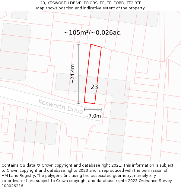 23, KESWORTH DRIVE, PRIORSLEE, TELFORD, TF2 9TE: Plot and title map