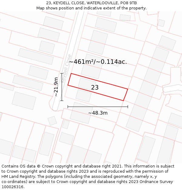 23, KEYDELL CLOSE, WATERLOOVILLE, PO8 9TB: Plot and title map
