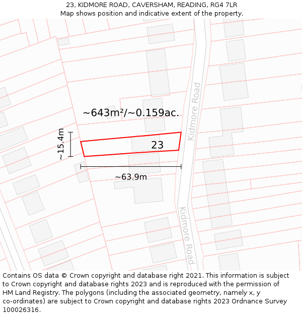 23, KIDMORE ROAD, CAVERSHAM, READING, RG4 7LR: Plot and title map