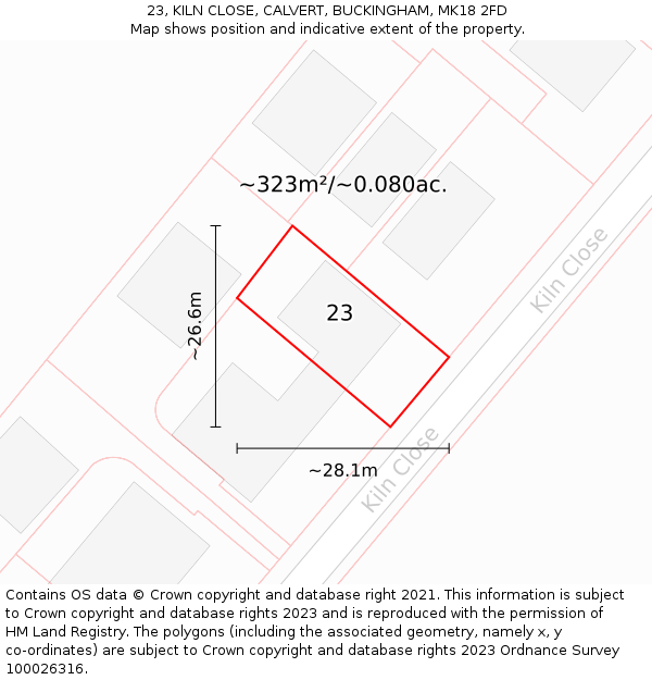 23, KILN CLOSE, CALVERT, BUCKINGHAM, MK18 2FD: Plot and title map
