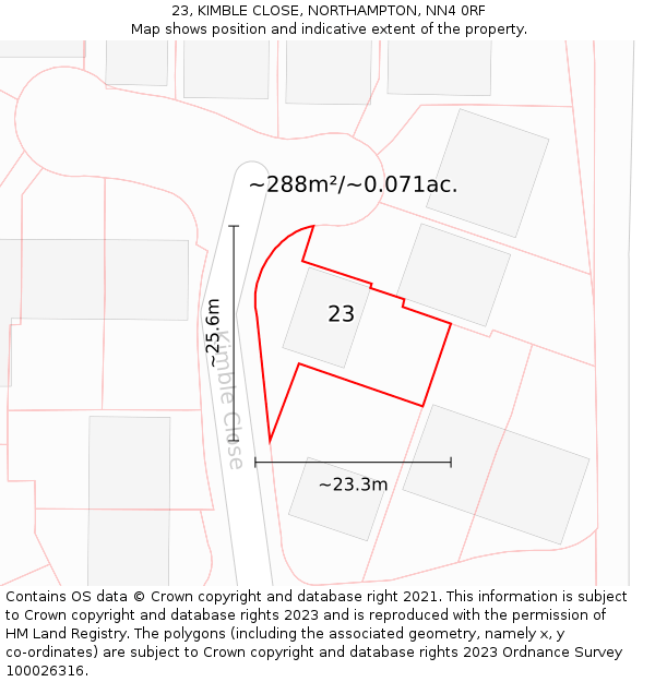 23, KIMBLE CLOSE, NORTHAMPTON, NN4 0RF: Plot and title map