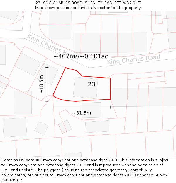 23, KING CHARLES ROAD, SHENLEY, RADLETT, WD7 9HZ: Plot and title map