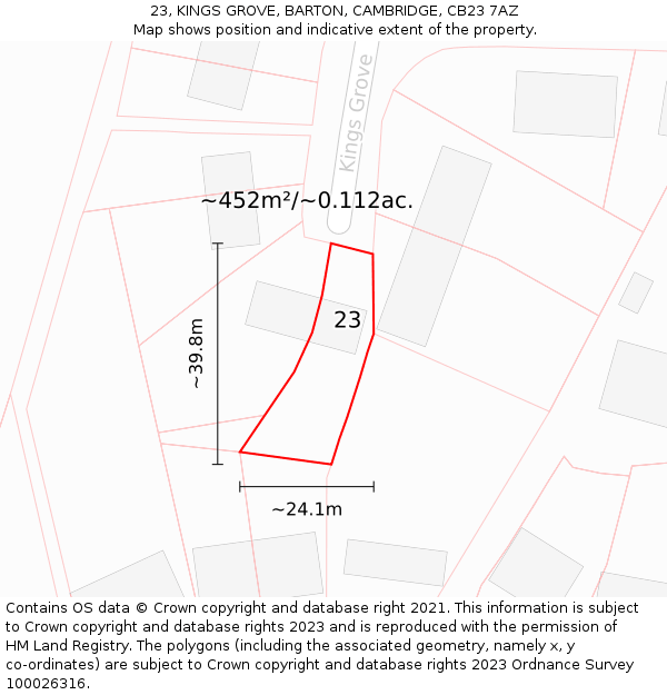 23, KINGS GROVE, BARTON, CAMBRIDGE, CB23 7AZ: Plot and title map