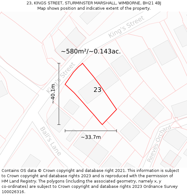 23, KINGS STREET, STURMINSTER MARSHALL, WIMBORNE, BH21 4BJ: Plot and title map