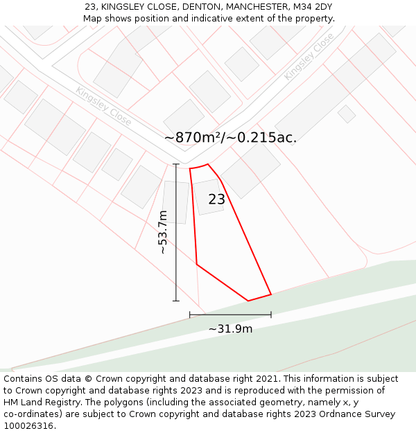 23, KINGSLEY CLOSE, DENTON, MANCHESTER, M34 2DY: Plot and title map