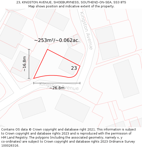 23, KINGSTON AVENUE, SHOEBURYNESS, SOUTHEND-ON-SEA, SS3 8TS: Plot and title map