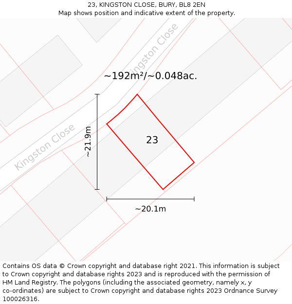 23, KINGSTON CLOSE, BURY, BL8 2EN: Plot and title map