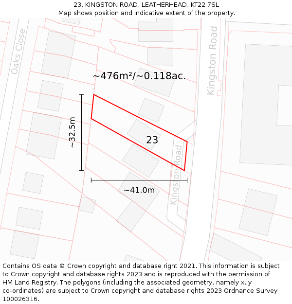 23, KINGSTON ROAD, LEATHERHEAD, KT22 7SL: Plot and title map