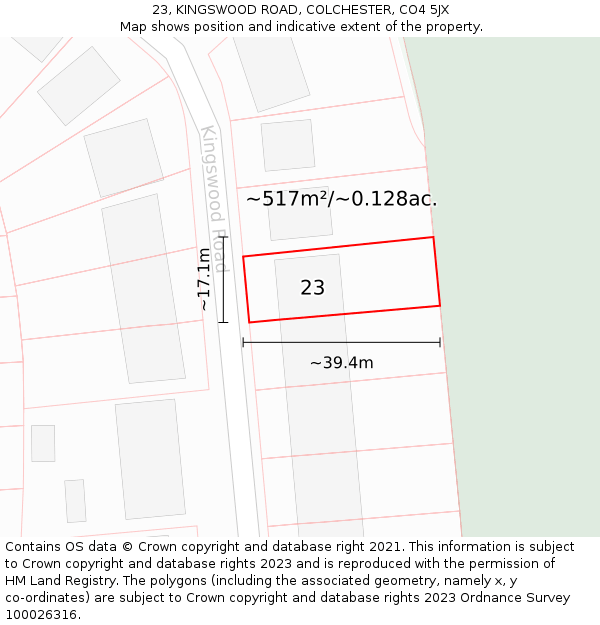 23, KINGSWOOD ROAD, COLCHESTER, CO4 5JX: Plot and title map