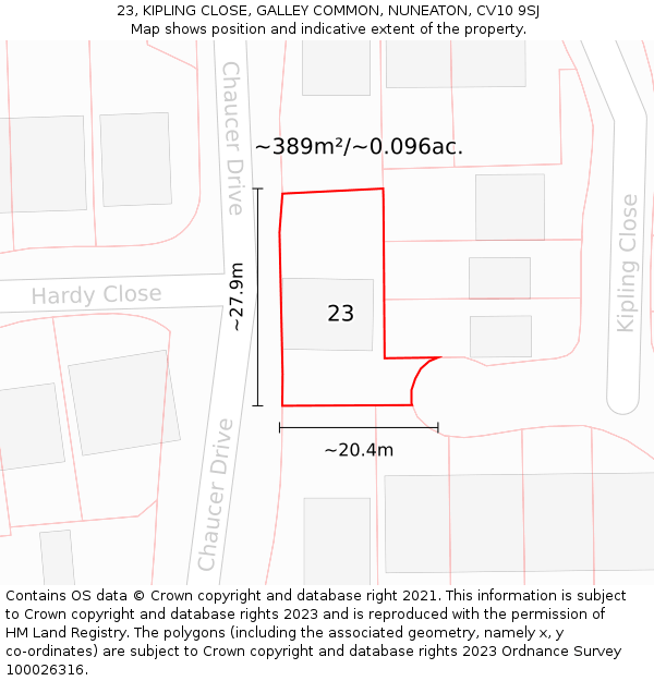 23, KIPLING CLOSE, GALLEY COMMON, NUNEATON, CV10 9SJ: Plot and title map
