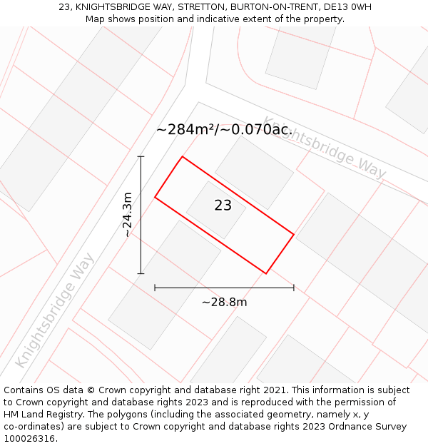 23, KNIGHTSBRIDGE WAY, STRETTON, BURTON-ON-TRENT, DE13 0WH: Plot and title map