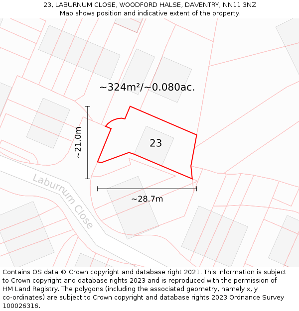 23, LABURNUM CLOSE, WOODFORD HALSE, DAVENTRY, NN11 3NZ: Plot and title map