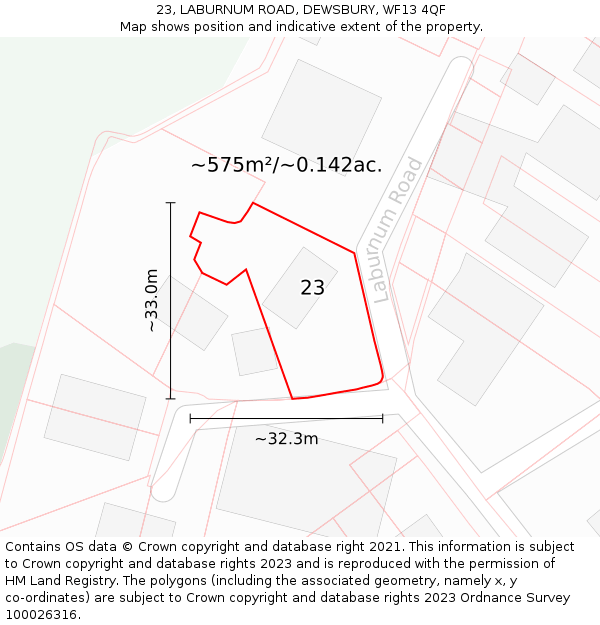 23, LABURNUM ROAD, DEWSBURY, WF13 4QF: Plot and title map