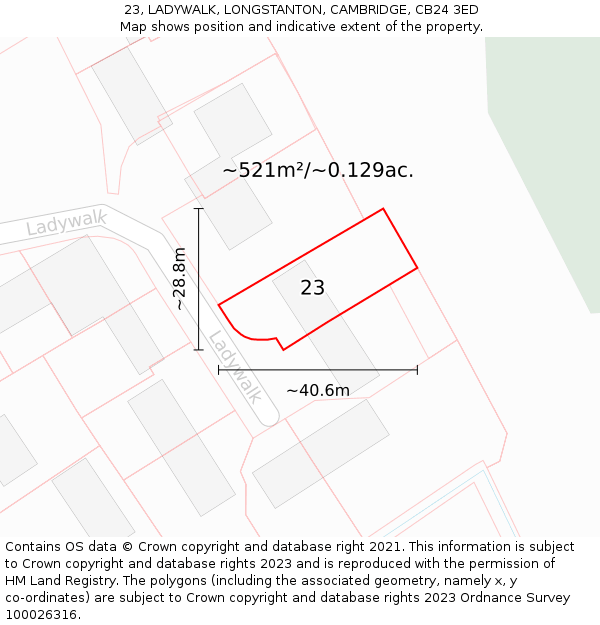 23, LADYWALK, LONGSTANTON, CAMBRIDGE, CB24 3ED: Plot and title map