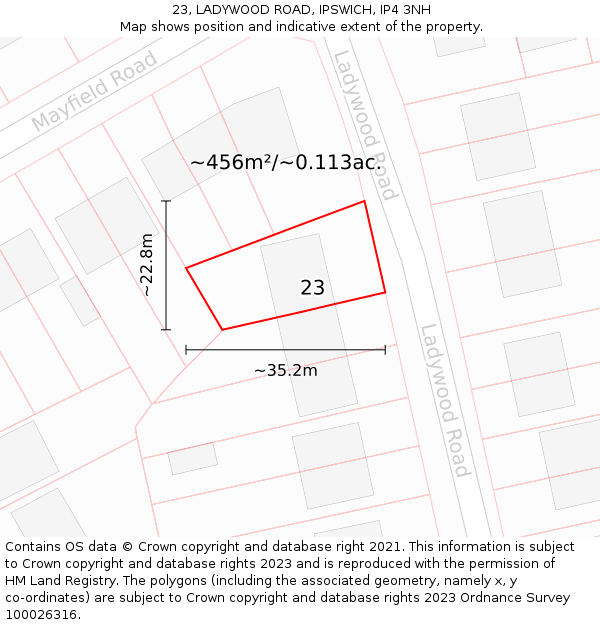 23, LADYWOOD ROAD, IPSWICH, IP4 3NH: Plot and title map