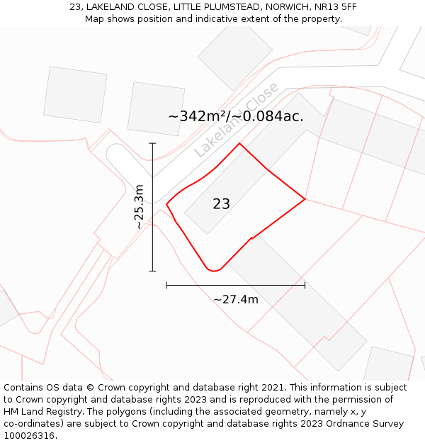 23, LAKELAND CLOSE, LITTLE PLUMSTEAD, NORWICH, NR13 5FF: Plot and title map