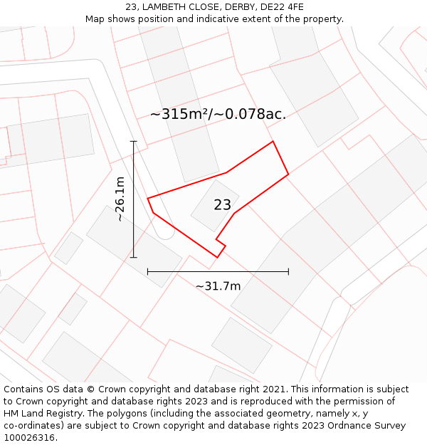 23, LAMBETH CLOSE, DERBY, DE22 4FE: Plot and title map