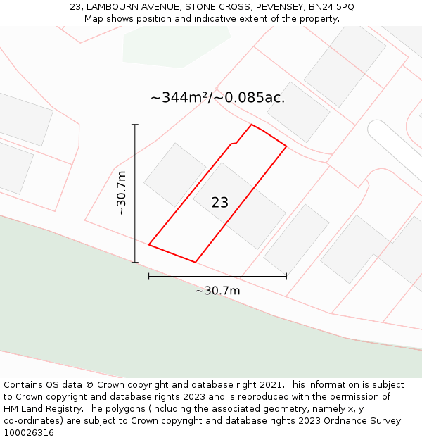 23, LAMBOURN AVENUE, STONE CROSS, PEVENSEY, BN24 5PQ: Plot and title map