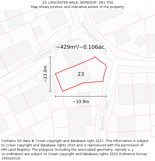 23, LANCASTER WALK, WORKSOP, S81 7NG: Plot and title map