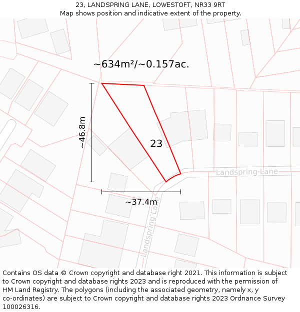 23, LANDSPRING LANE, LOWESTOFT, NR33 9RT: Plot and title map