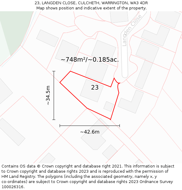 23, LANGDEN CLOSE, CULCHETH, WARRINGTON, WA3 4DR: Plot and title map