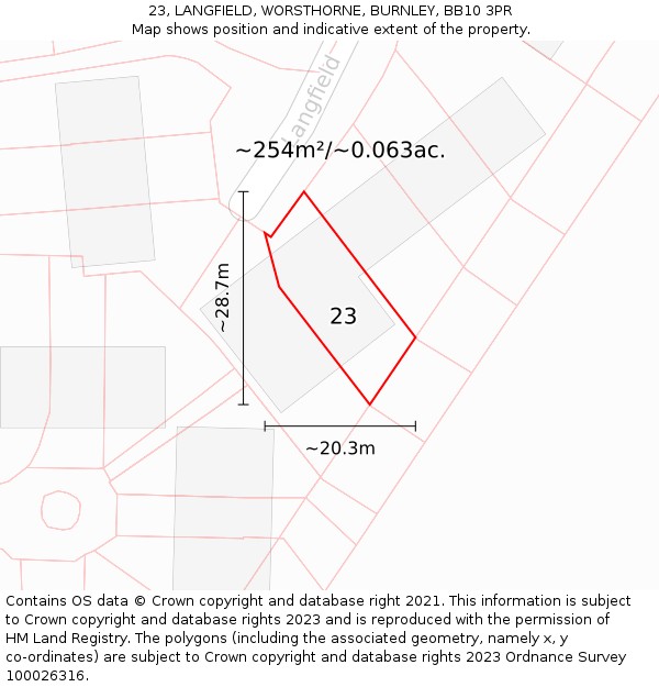 23, LANGFIELD, WORSTHORNE, BURNLEY, BB10 3PR: Plot and title map