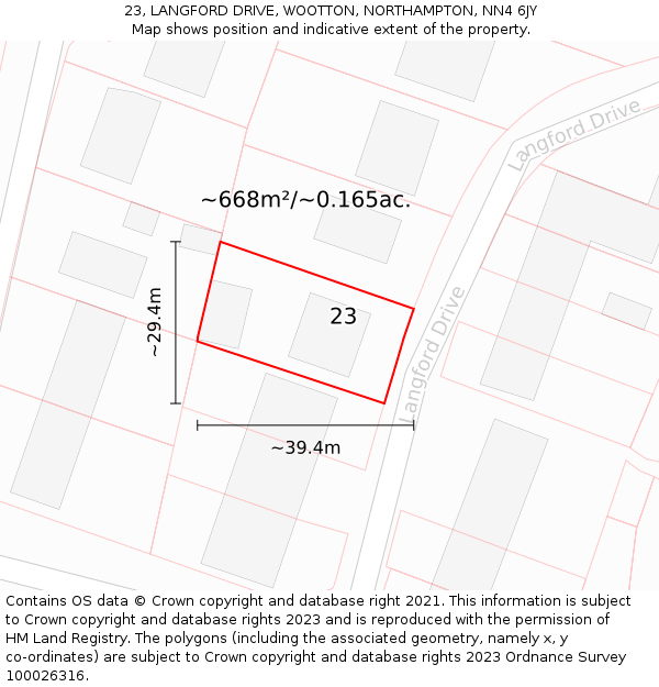 23, LANGFORD DRIVE, WOOTTON, NORTHAMPTON, NN4 6JY: Plot and title map