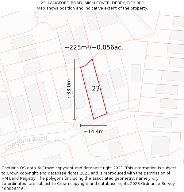 23, LANGFORD ROAD, MICKLEOVER, DERBY, DE3 0PD: Plot and title map