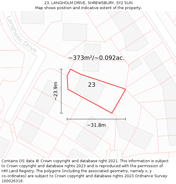 23, LANGHOLM DRIVE, SHREWSBURY, SY2 5UN: Plot and title map