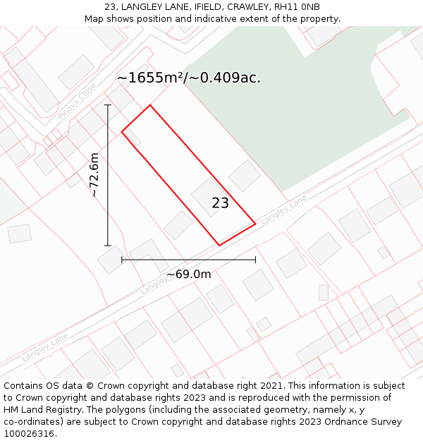 23, LANGLEY LANE, IFIELD, CRAWLEY, RH11 0NB: Plot and title map