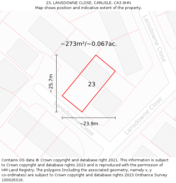 23, LANSDOWNE CLOSE, CARLISLE, CA3 9HN: Plot and title map