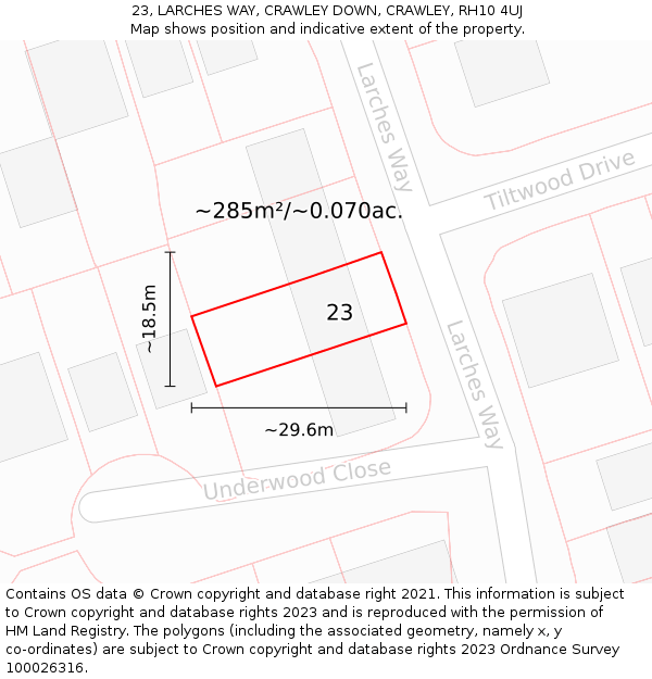 23, LARCHES WAY, CRAWLEY DOWN, CRAWLEY, RH10 4UJ: Plot and title map