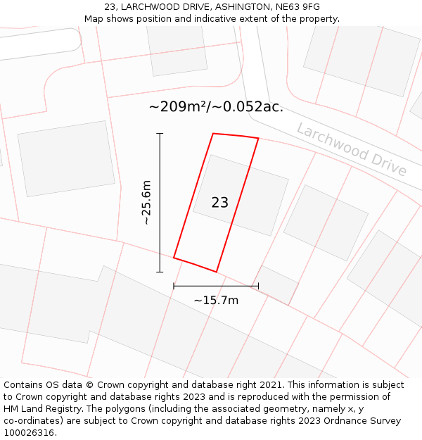 23, LARCHWOOD DRIVE, ASHINGTON, NE63 9FG: Plot and title map
