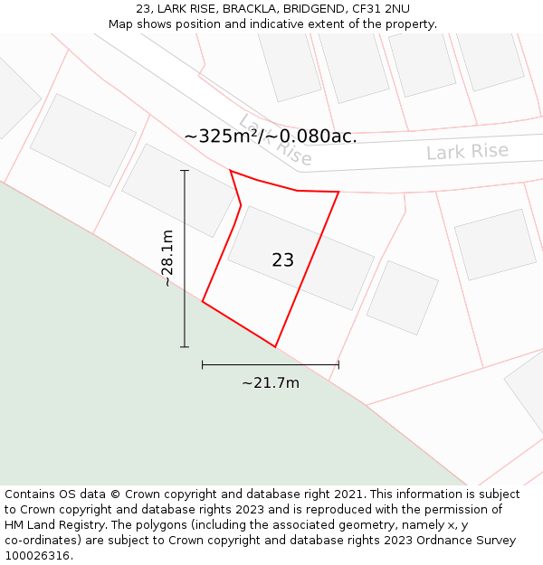 23, LARK RISE, BRACKLA, BRIDGEND, CF31 2NU: Plot and title map