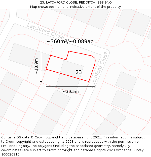23, LATCHFORD CLOSE, REDDITCH, B98 9NQ: Plot and title map